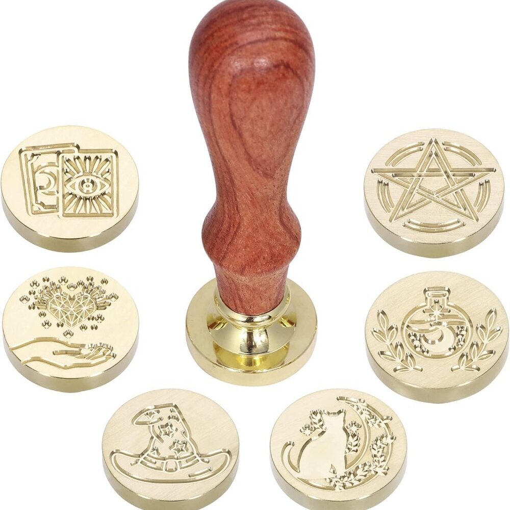 Wax Seal Stamp Gift Box Set, 6 Pieces Wiccan Copper Sealing Wax Stamp Heads + 1 - Picture 3 of 7